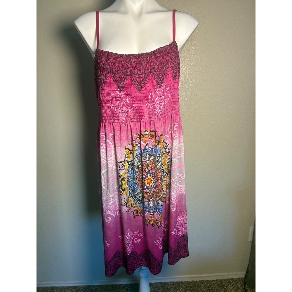 Just Love Womens Pink Paisley Mandala Smocked Bodice Sundress 1X Sleeveless